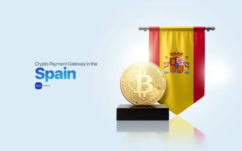 Crypto Payment Gateway in Spain with Bitcoin symbol and Spanish flag representing digital payments
