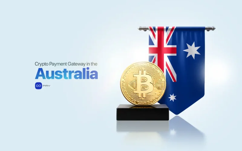 Crypto Payment Gateway in Australia with Bitcoin and Australian flag representing crypto payments