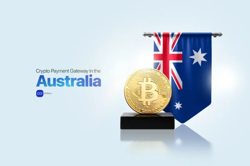 Crypto Payment Gateway in Australia with Bitcoin and Australian flag representing crypto payments