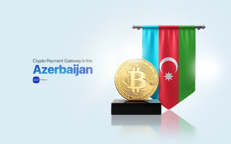 Crypto Payment Gateway in Azerbaijan showing a Bitcoin symbol beside the Azerbaijani flag, representing secure digital payments.