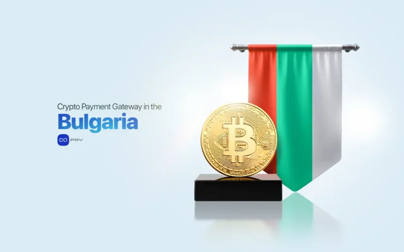 Crypto Payment Gateway in Bulgaria with Bitcoin symbol and Bulgarian flag representing digital payments.