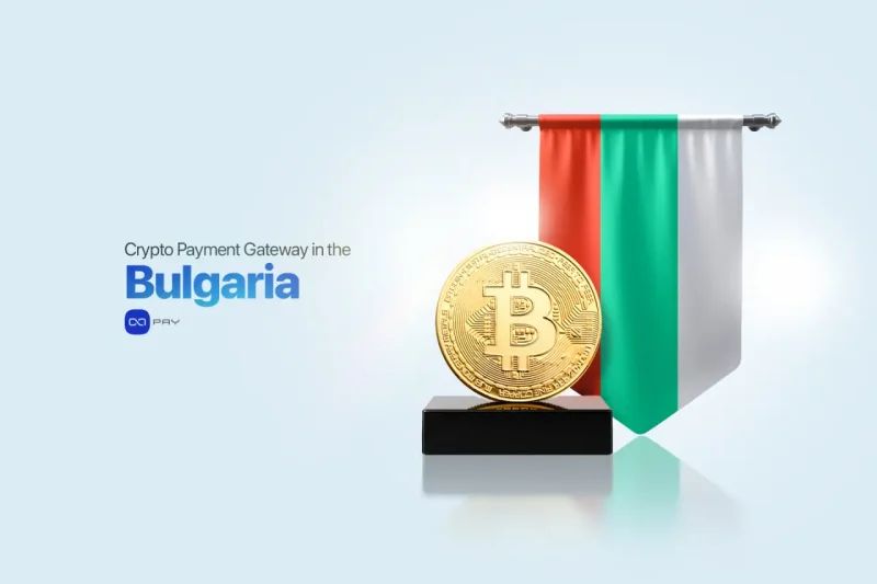 Crypto Payment Gateway in Bulgaria with Bitcoin symbol and Bulgarian flag representing digital payments.