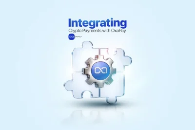 Illustration showing integration of crypto payments with OxaPay, represented by puzzle pieces and a gear symbol