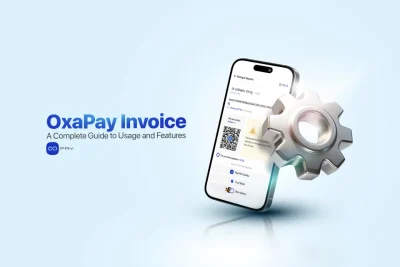 OxaPay Invoice interface showing a crypto payment invoice with QR code, payment status, and automation features