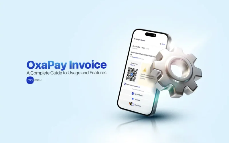 OxaPay Invoice interface showing a crypto payment invoice with QR code, payment status, and automation features