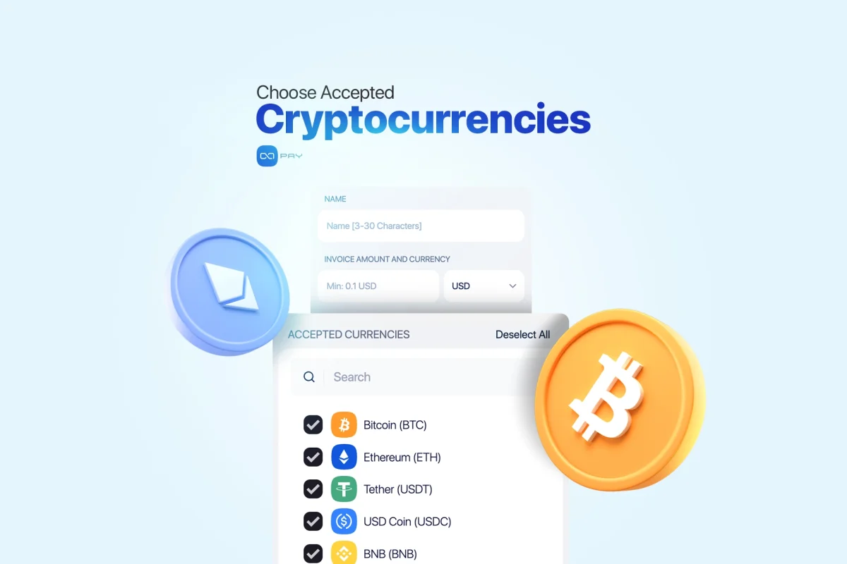 OxaPay interface where users can choose the accepted cryptocurrencies for payment links.