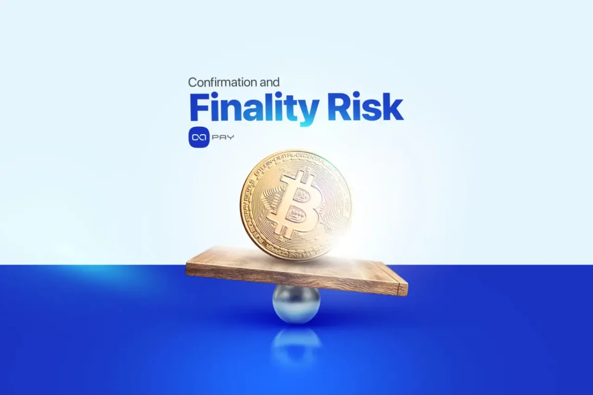 Bitcoin payment balancing on a pivot symbolizing confirmation delays and finality risk in crypto transactions