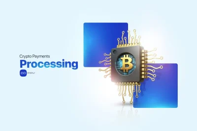 Crypto payments processing concept showing a blockchain-based payment engine for business transactions