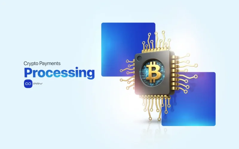 Crypto payments processing concept showing a blockchain-based payment engine for business transactions