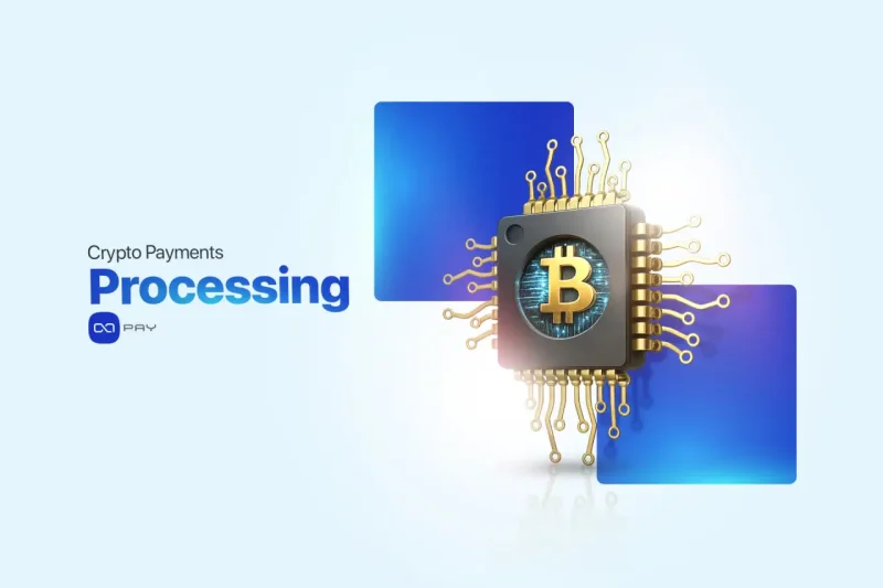 Crypto payments processing concept showing a blockchain-based payment engine for business transactions