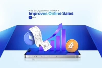 An illustration showing a phone, a crypto invoice, Ethereum and Bitcoin symbols, and a rising graph, symbolizing the improvement in online sales through crypto invoices.