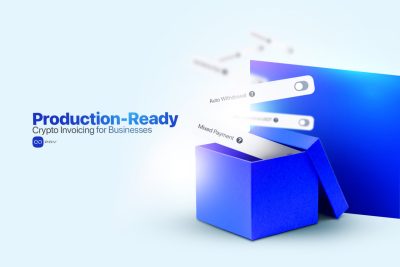 A blue box with "Auto Withdrawal" and "Mixed Payment" options emerging, symbolizing the flexibility and advanced features of a production-ready crypto invoicing system for businesses.