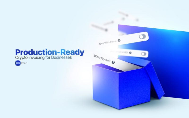 A blue box with "Auto Withdrawal" and "Mixed Payment" options emerging, symbolizing the flexibility and advanced features of a production-ready crypto invoicing system for businesses.