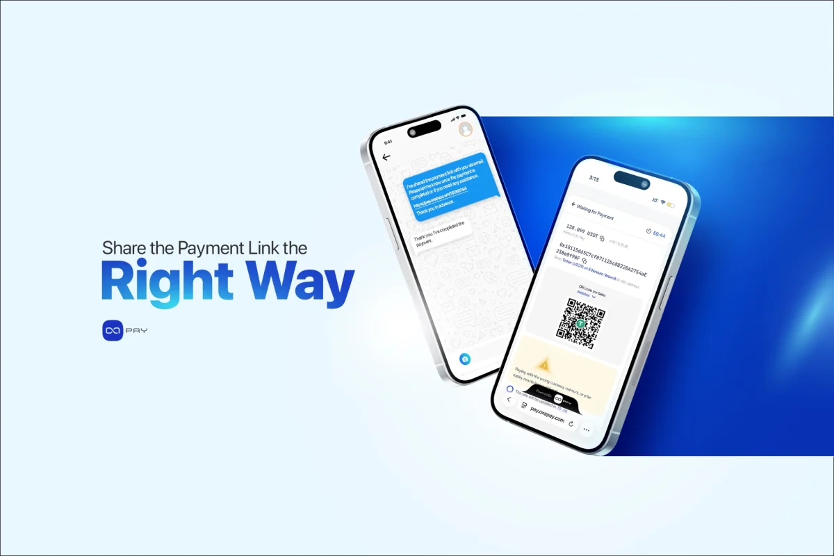 Sharing the OxaPay payment link via a messaging app and QR code.