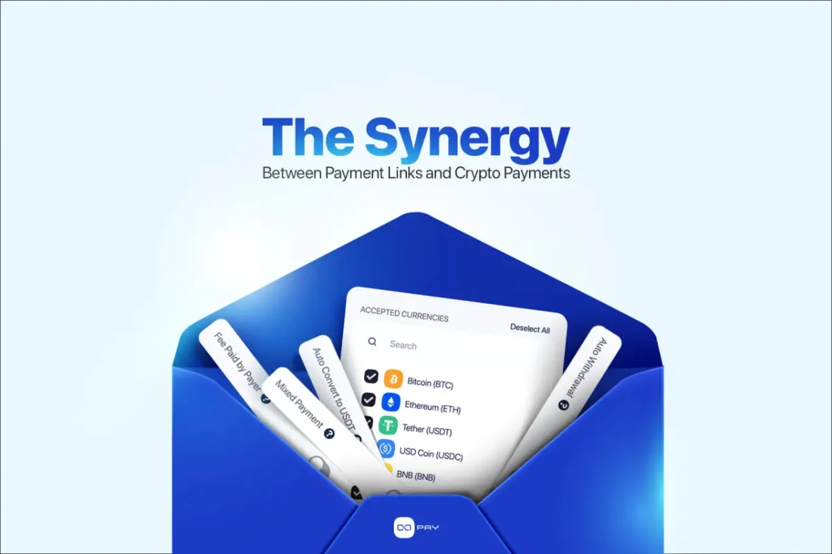 Payment link options with a variety of accepted cryptocurrencies displayed on a digital screen.