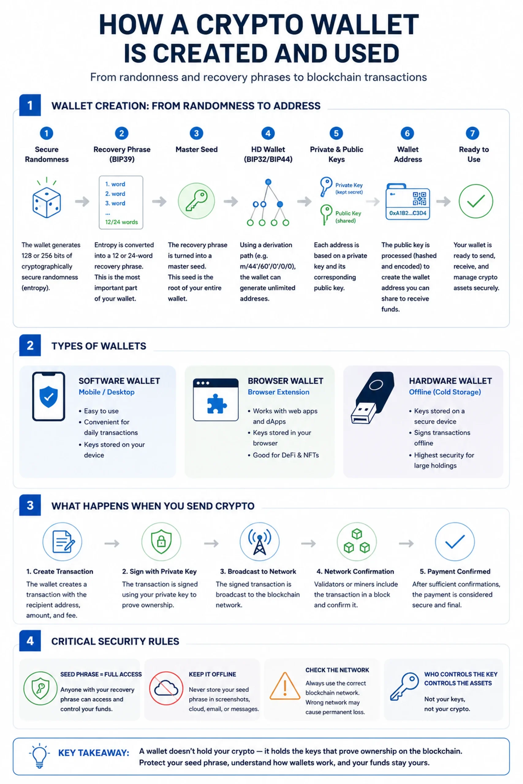 Crypto wallet creation infographic showing seed phrase generation, HD wallet structure, private and public keys, wallet addresses, and blockchain transaction flow