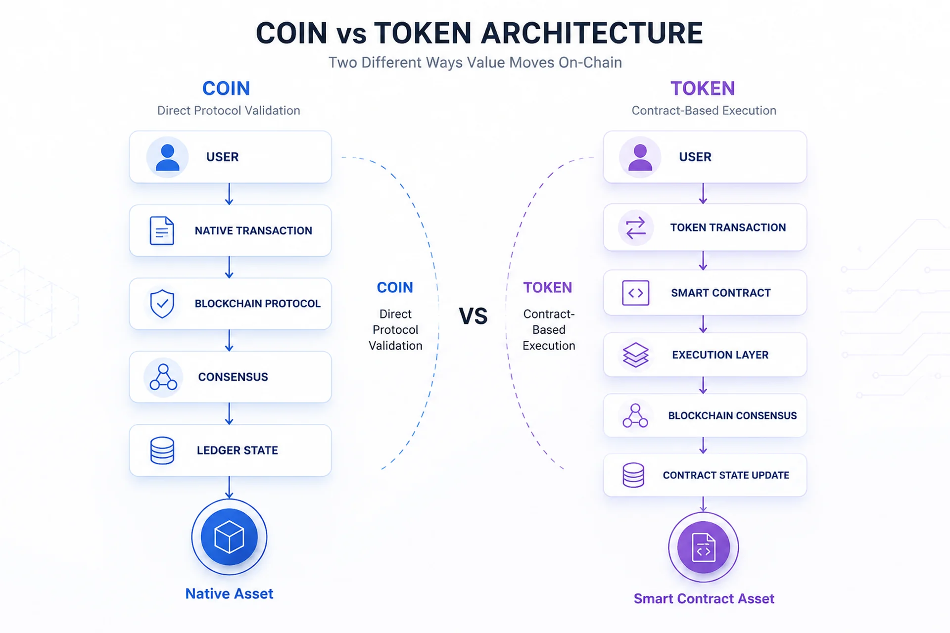 Coin vs Token Architecture showing protocol layer and smart contract layer differences