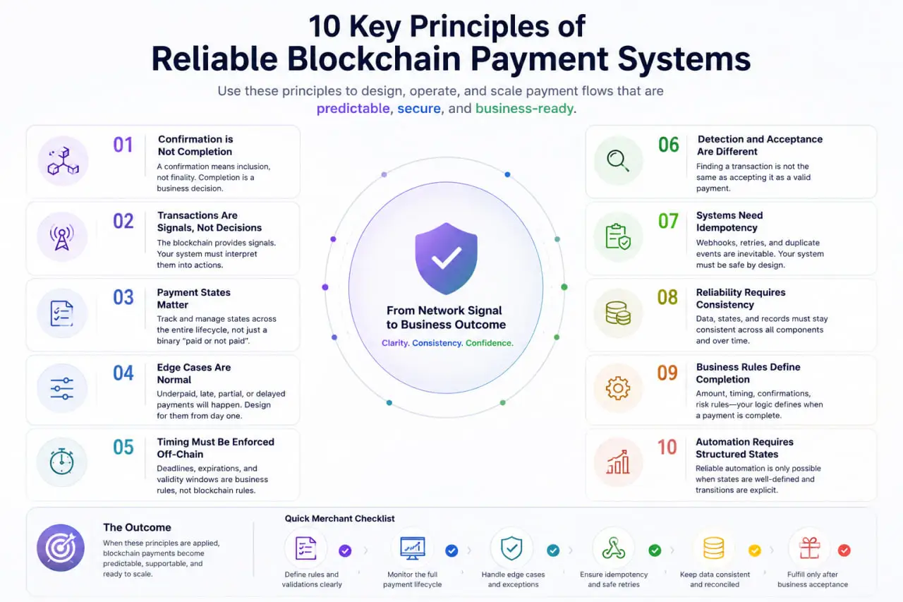 Blockchain payment principles infographic showing ten operational rules for reliable crypto payment systems