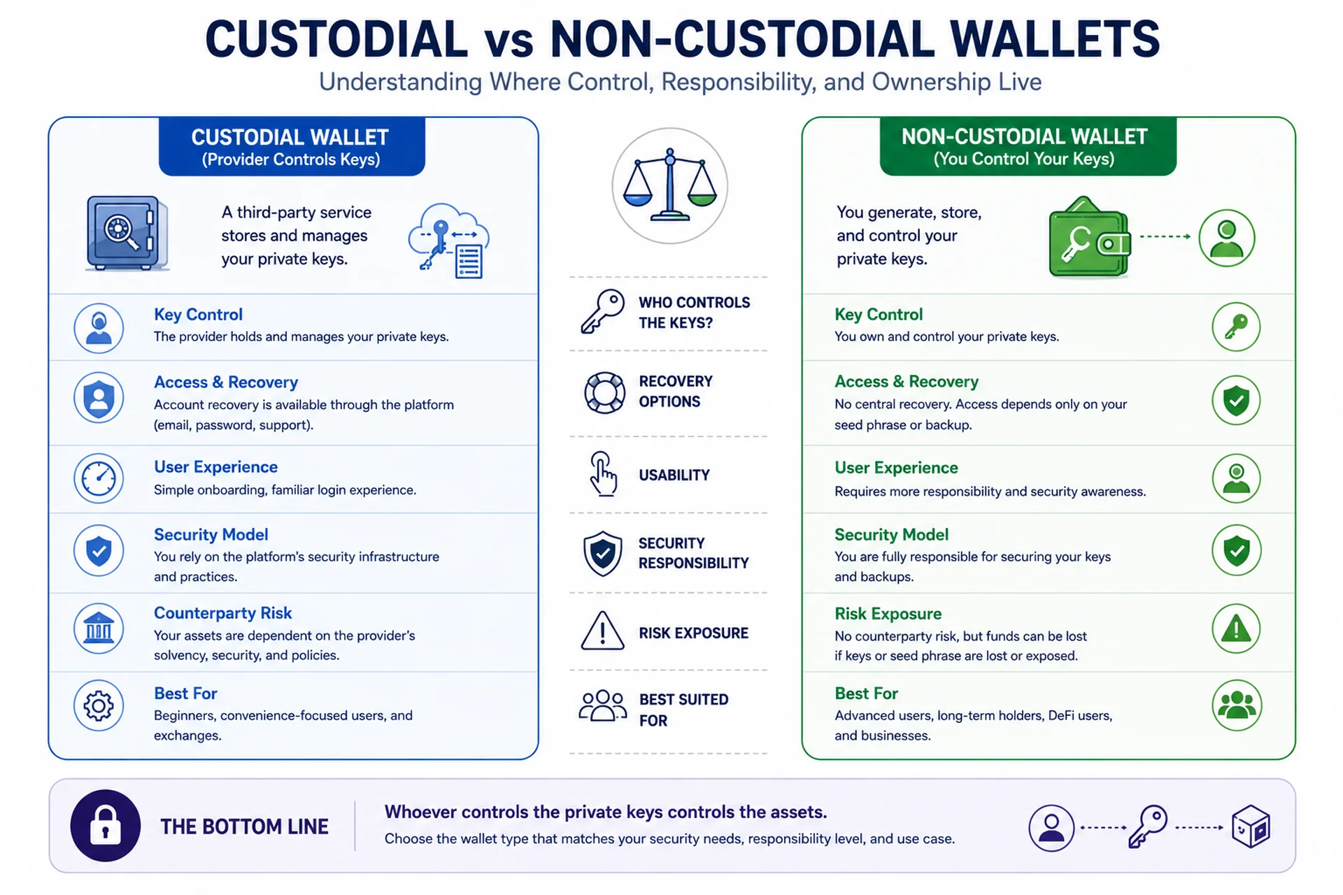Comparison infographic between custodial and non-custodial crypto wallets showing key ownership, recovery methods, usability, and security responsibility