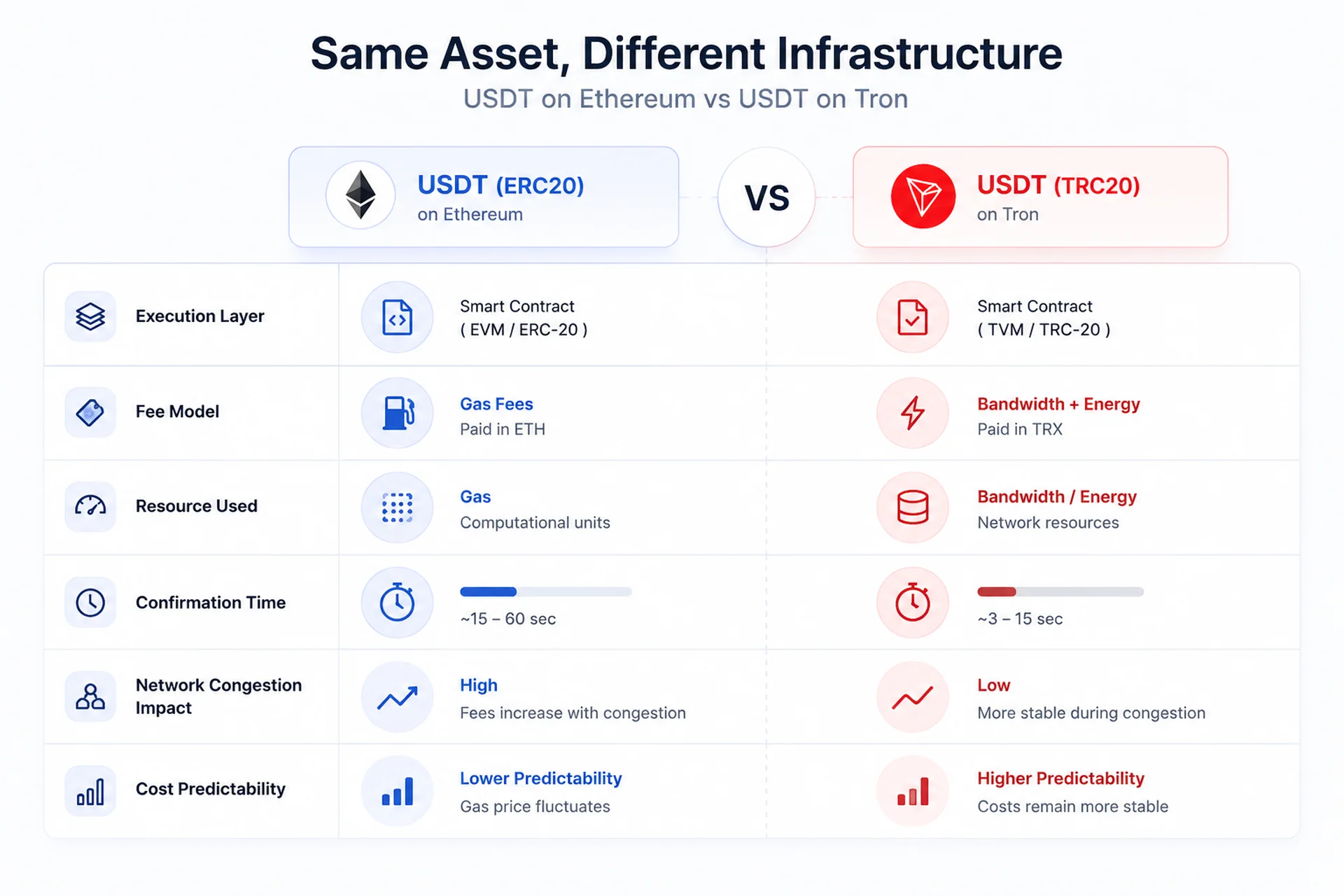 Same Asset Different Infrastructure comparing USDT ERC20 and USDT TRC20 payment behavior