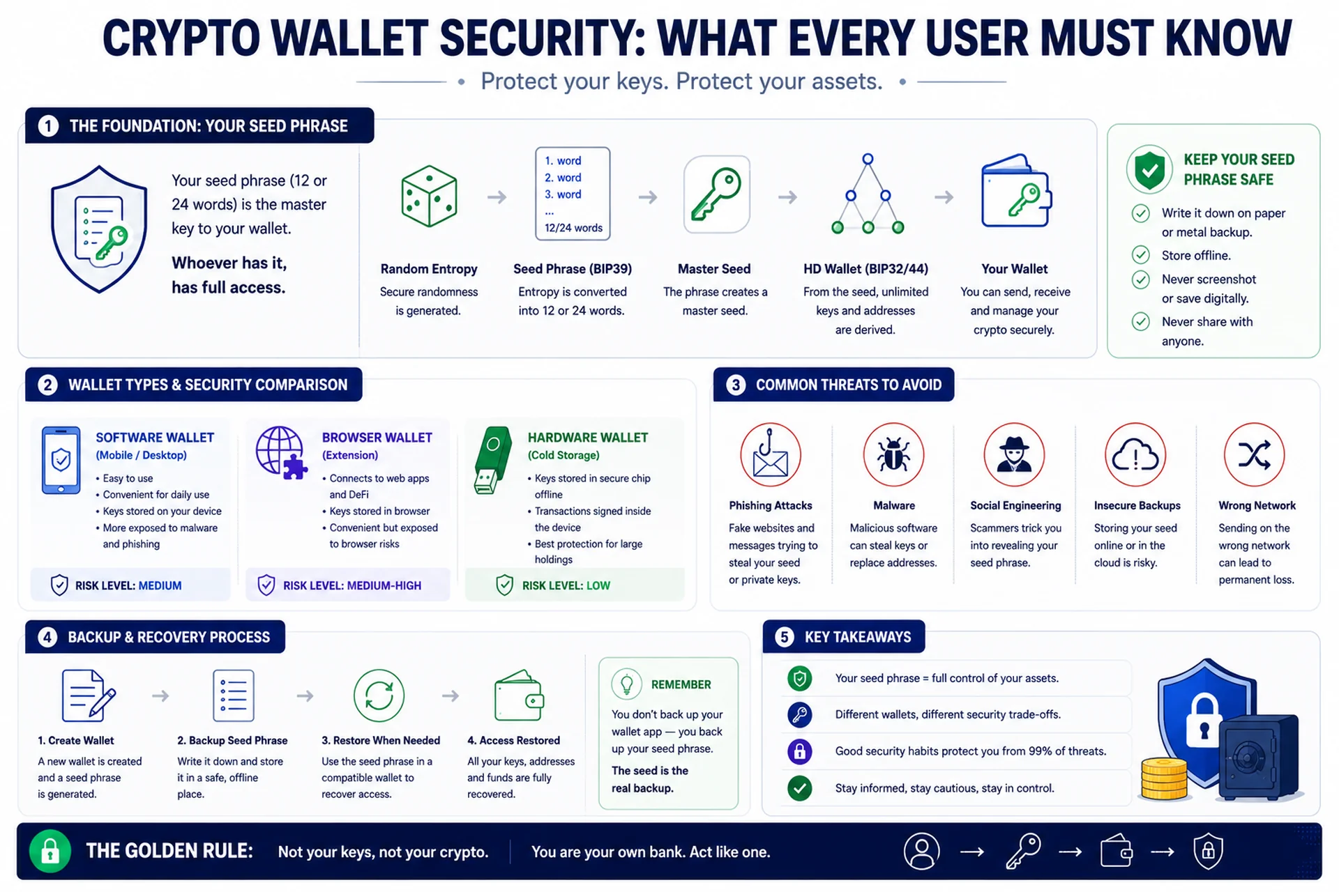 Crypto wallet security infographic explaining seed phrase protection, wallet backups, common threats, wallet security models, and recovery best practices