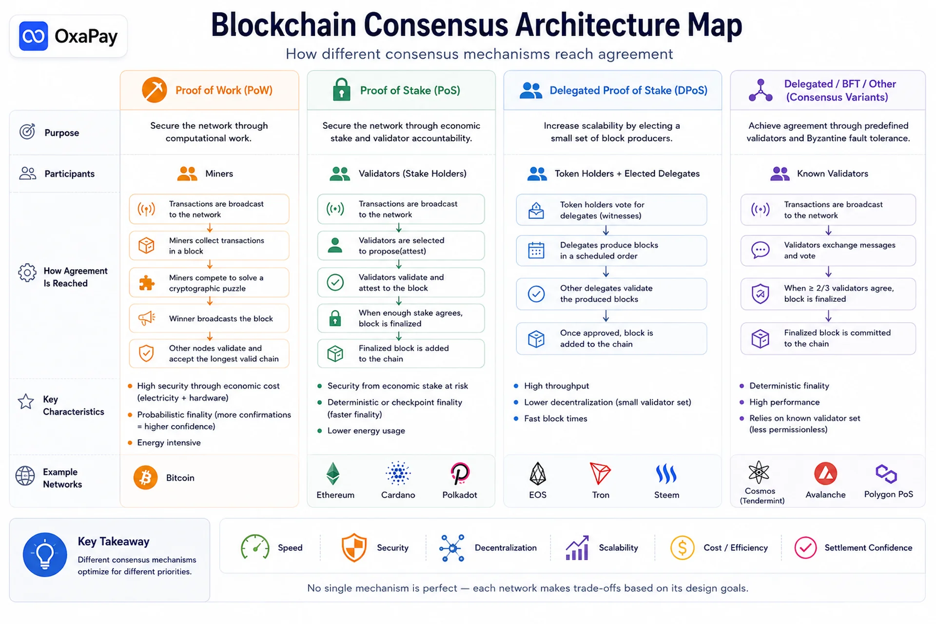 Blockchain consensus architecture comparison between PoW, PoS, DPoS, and delegated consensus models