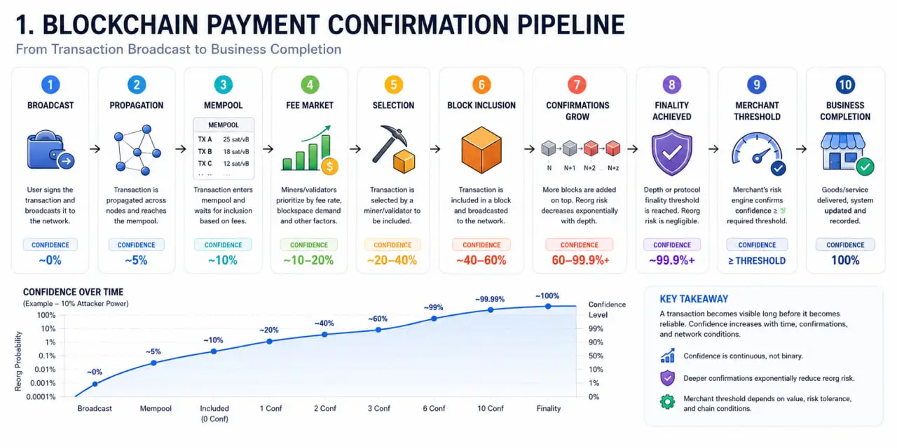 Blockchain Payment Confirmation Pipeline Blockchain payment confirmation pipeline showing transaction broadcast, mempool detection, fee evaluation, block inclusion, confirmation depth, finality, and business completion