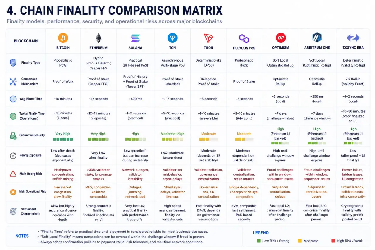 Chain Finality Comparison Matrix Chain finality comparison matrix comparing Bitcoin, Ethereum, Solana, TON, Tron, Polygon, Arbitrum, Optimism, and zkSync finality assumptions