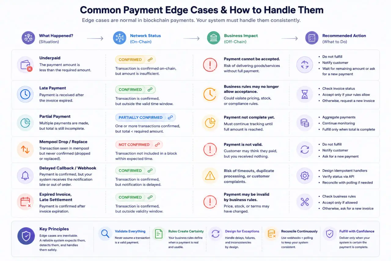 Blockchain payment edge case infographic showing underpaid, late, partial, delayed, and failed payment scenarios