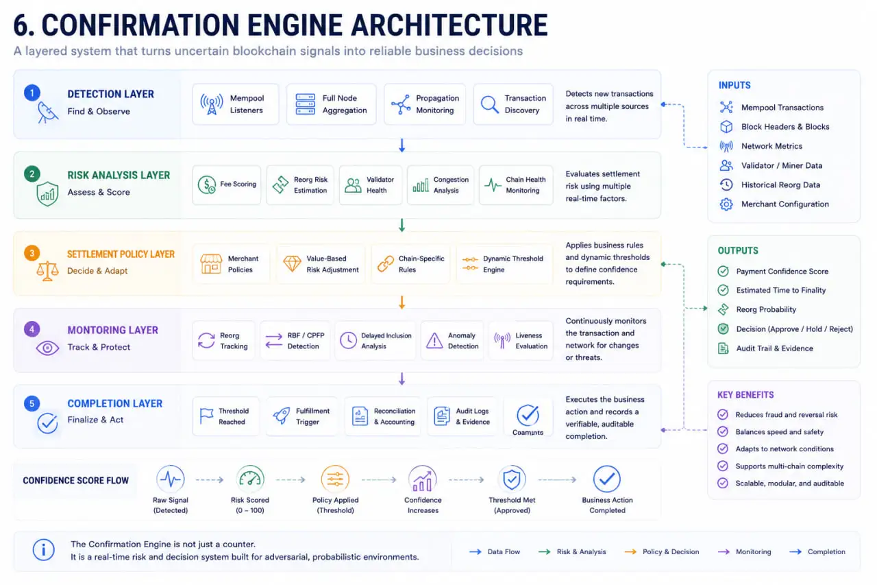 Confirmation Engine Architecture Confirmation engine architecture showing detection layer, risk analysis layer, settlement policy layer, monitoring layer, and completion layer