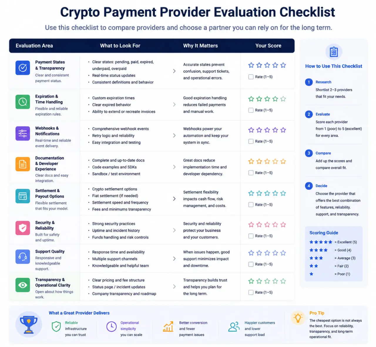 Crypto Payments for Merchants provider evaluation checklist infographic covering payment states, webhooks, settlement, support, and operational reliability