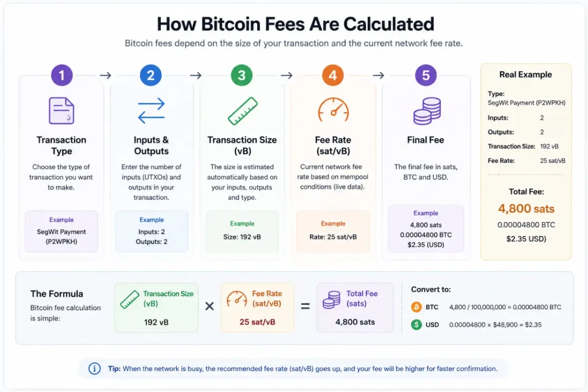 Bitcoin fee calculation infographic showing how transaction size and sat/vB fee rate determine total BTC transaction fees