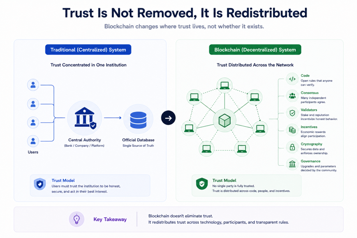 Comparison between traditional systems that rely on institutional trust and blockchain systems that distribute trust across code, consensus, and network participants.
