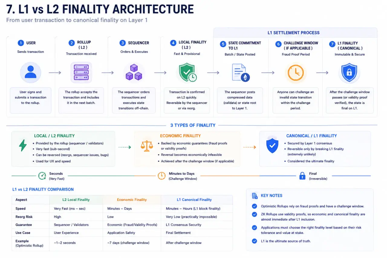 L1 vs L2 Finality Architecture L1 vs L2 finality architecture showing local rollup confirmation, sequencer assumptions, challenge windows, validity proofs, bridge settlement, and L1 finality