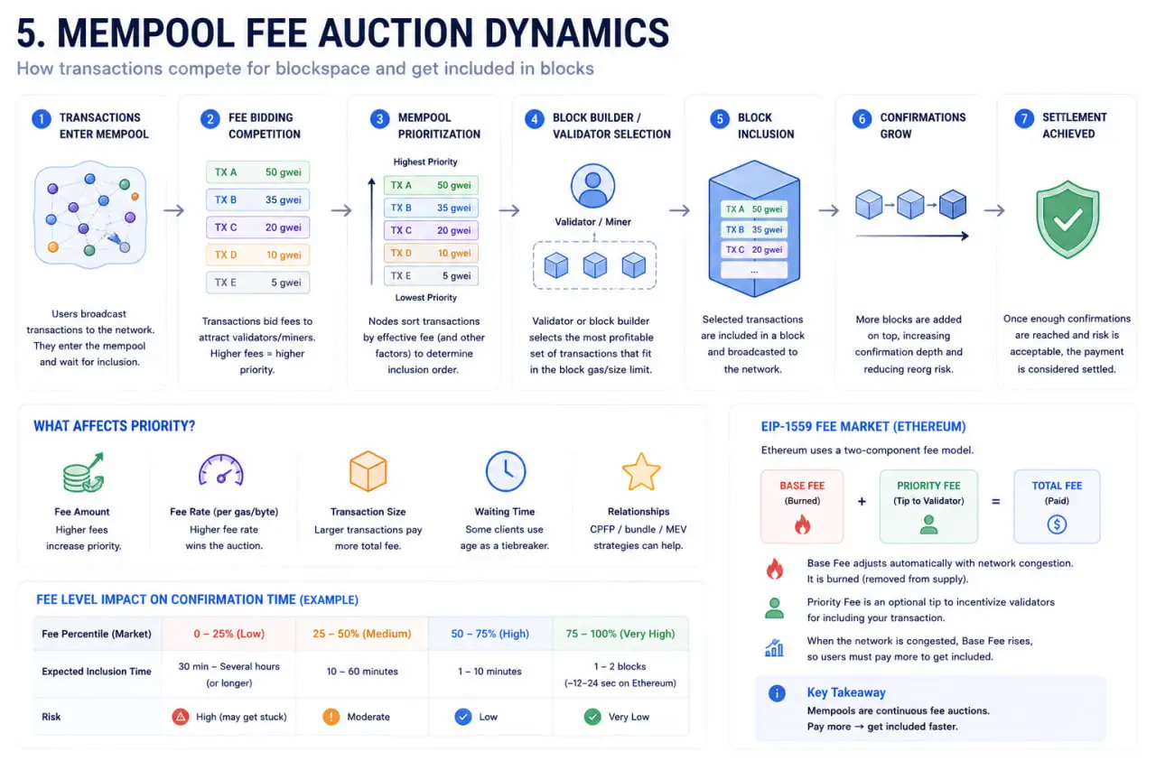 Mempool Fee Auction Dynamics Mempool fee auction dynamics showing transaction competition, blockspace demand, fee percentile, delayed payments, and confirmation priority