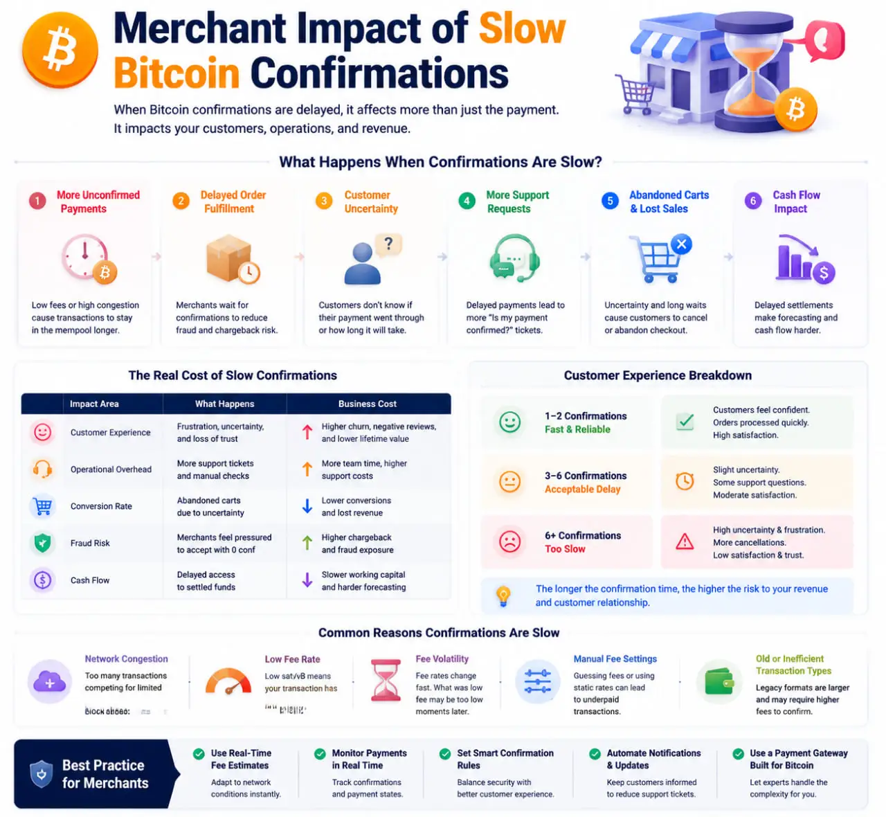 Bitcoin Fee Calculator infographic showing how low fees and slow Bitcoin confirmations affect merchants, checkout, support, and payment completion