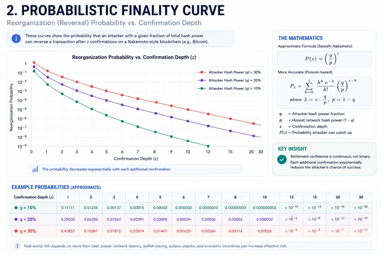 Probabilistic Finality Curve Probabilistic finality curve showing reversal probability decreasing as blockchain confirmation depth increases
