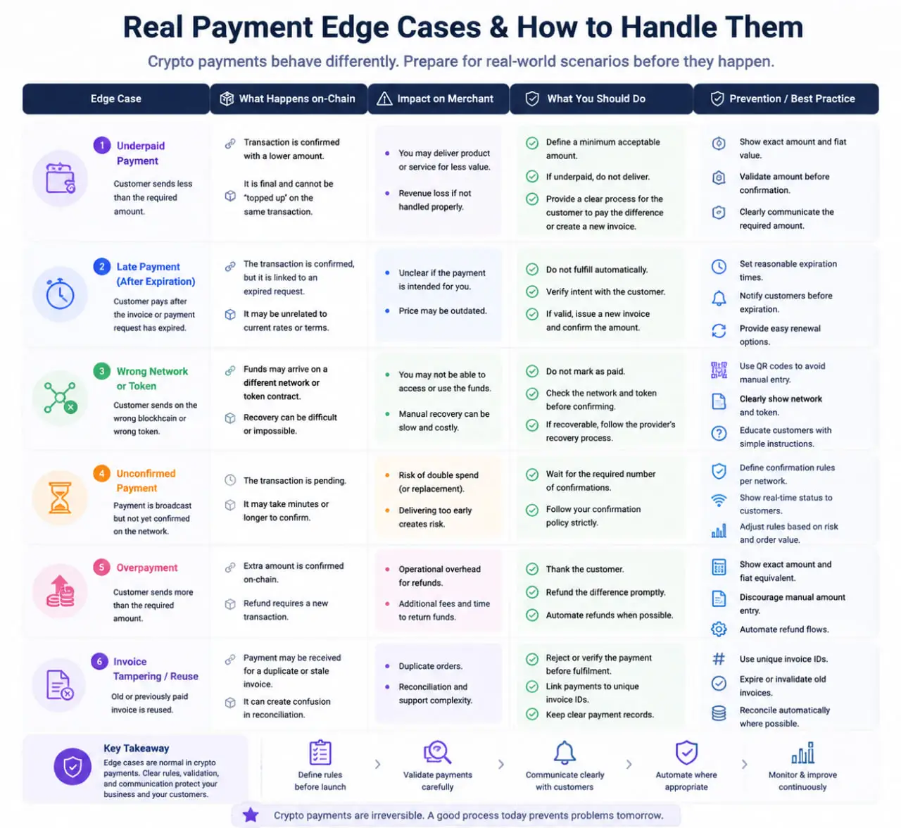 Crypto Payments for Merchants edge case infographic showing underpaid, late, wrong-network, unconfirmed, and overpaid payment scenarios