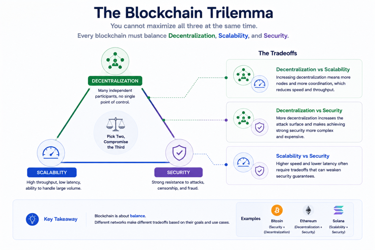 Triangle diagram explaining the tradeoffs between decentralization, scalability, and security in blockchain systems.