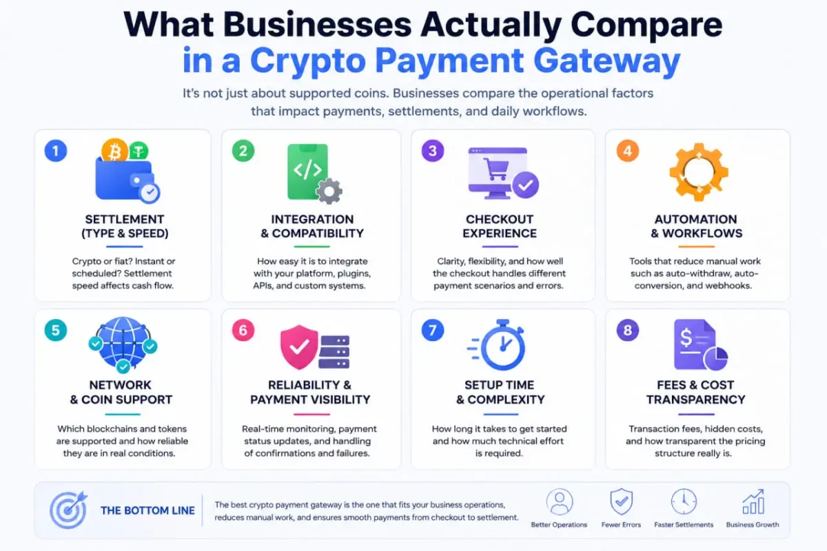 Operational factors businesses compare in a crypto payment gateway
