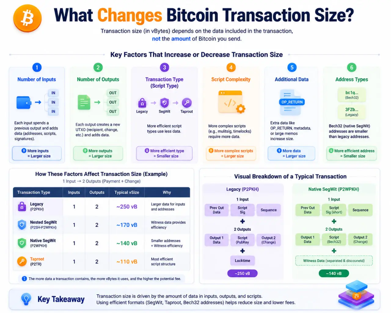 Bitcoin Fee Calculator infographic explaining how inputs, outputs, and transaction type affect Bitcoin transaction size