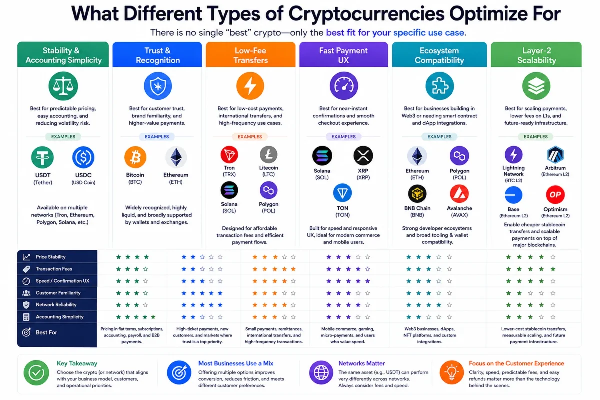 What Different Types of Cryptocurrencies Optimize For Different cryptocurrencies optimized for payments, scalability, fees, and business use cases