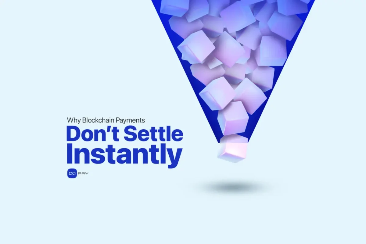 blockchain-payments-settlement-delay Infographic explaining why blockchain payments do not settle instantly during network congestion