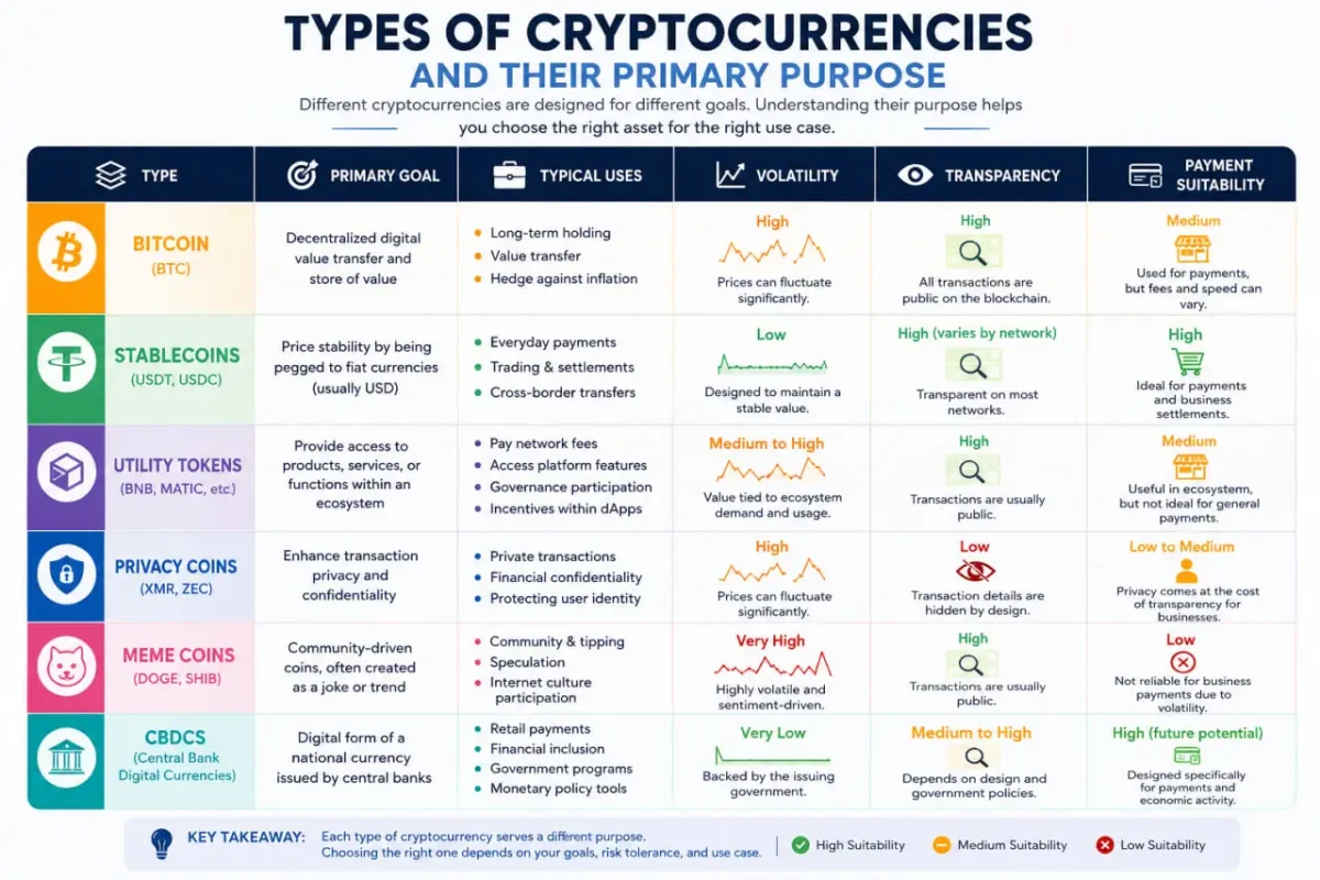 Different types of cryptocurrencies and their primary purpose
