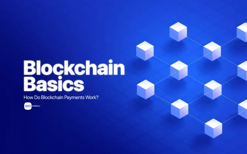 Blockchain basics infographic explaining how blockchain payments work through connected blocks and distributed validation