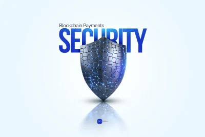 Digital shield representing blockchain payment security and protection against transaction manipulation.