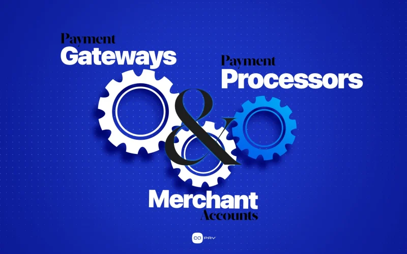 Three interconnected gears representing payment gateway, processor, and merchant account working together in a unified system