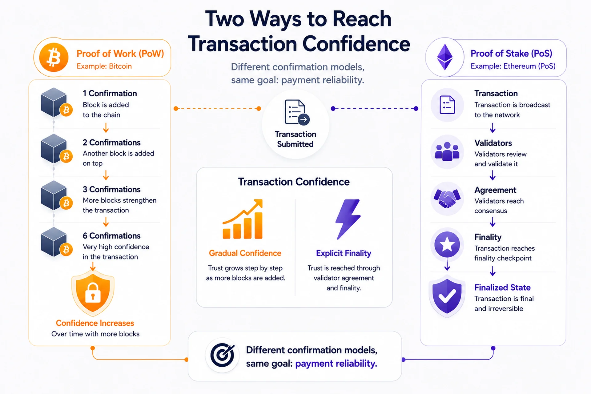 Transaction Confidence in PoW and PoS Proof of Work and Proof of Stake transaction confidence comparison