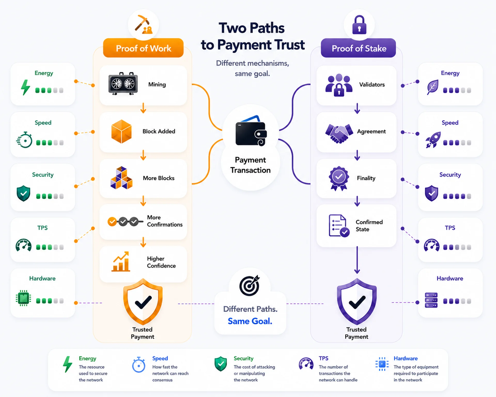 Two Paths to Payment Trust Proof of Work and Proof of Stake comparison showing two paths to payment trust