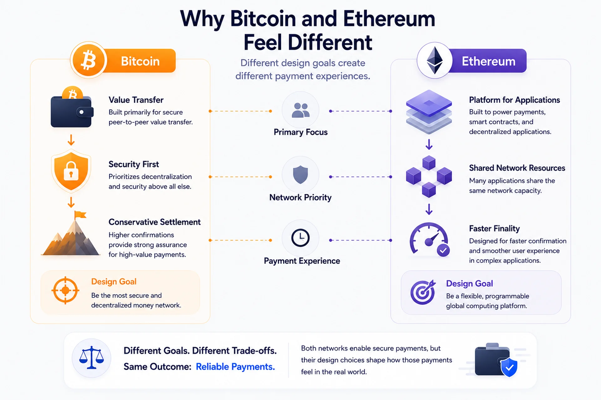 Why Bitcoin and Ethereum Feel Different Operationally Operational comparison of Bitcoin and Ethereum payment networks